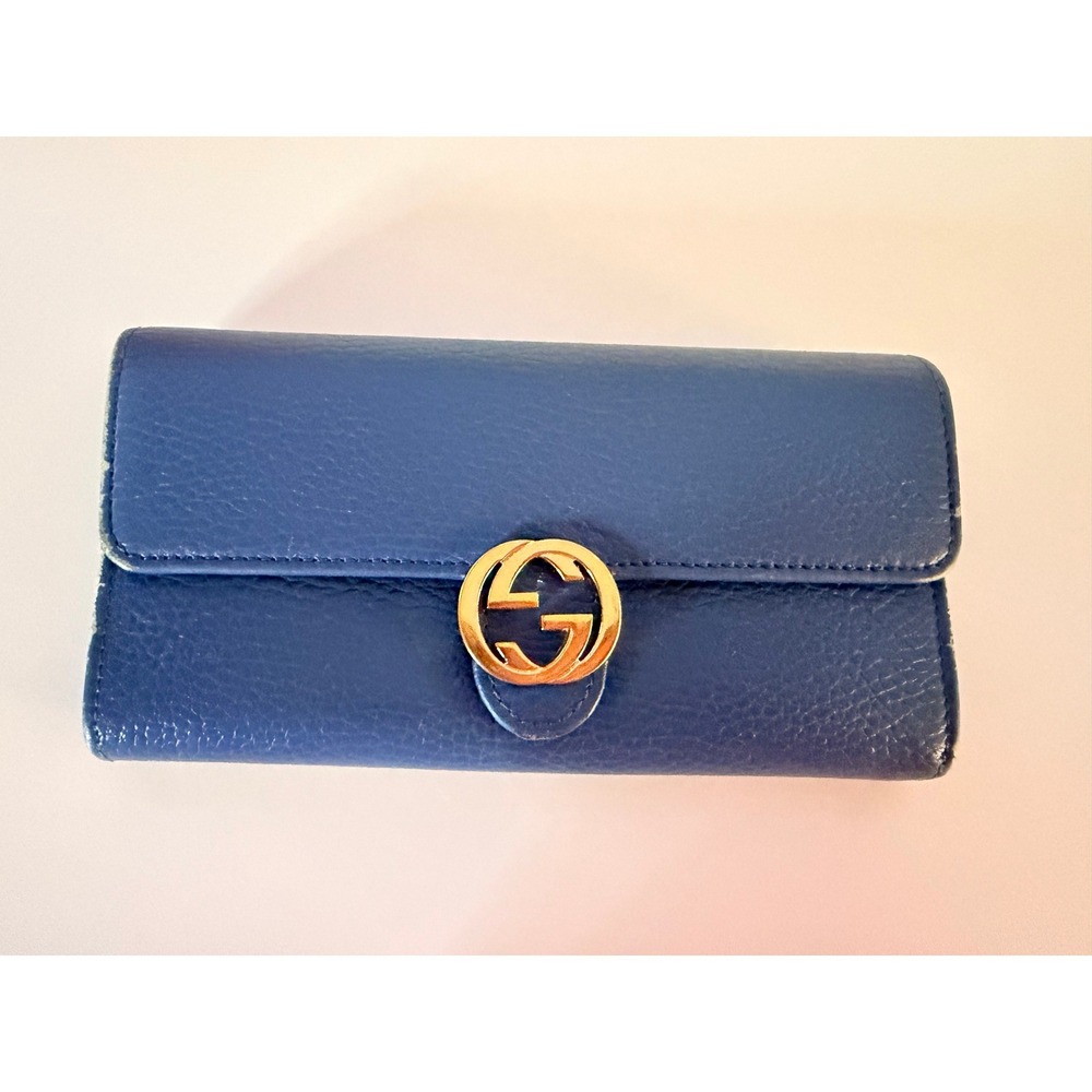 Gucci Interlocking G Continental Wallet Blue Pebbled Calfskin Gold Hardware - Picture 2 of 14
